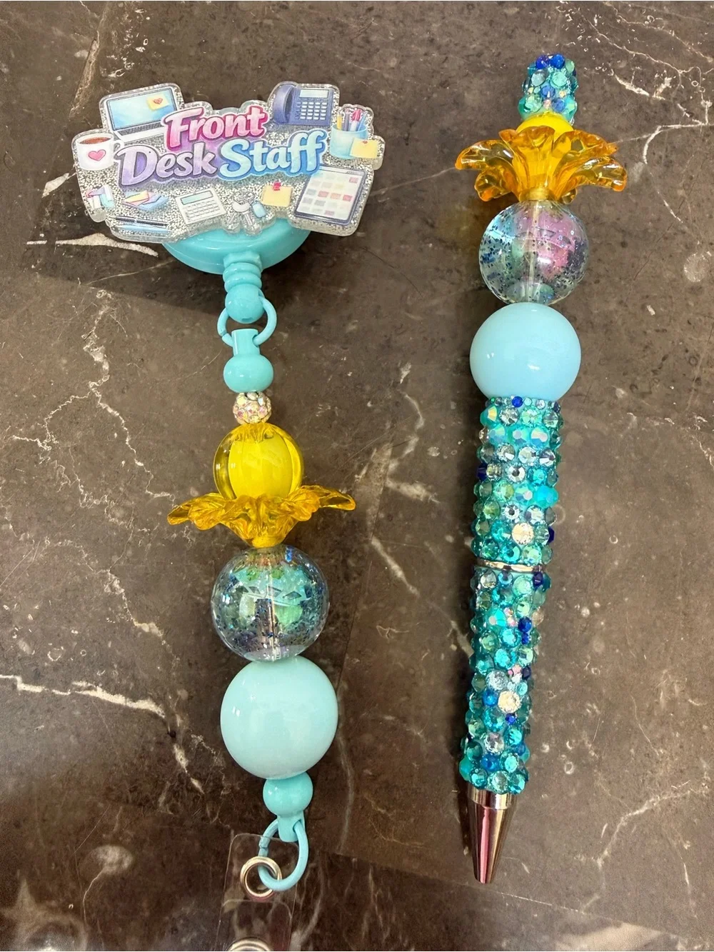 Flower Front Desk Staff Blue Rhinestone Beaded Pen Matching Badge Reel Handmade